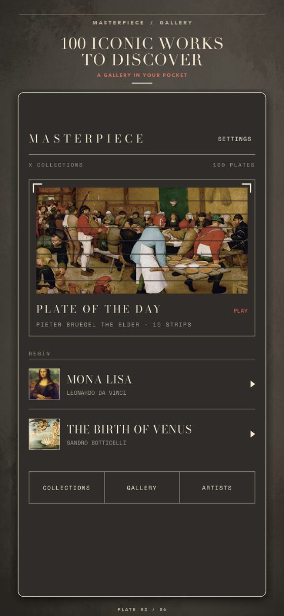 Museo home screen with a Bruegel painting, the Mona Lisa, and The Birth of Venus
