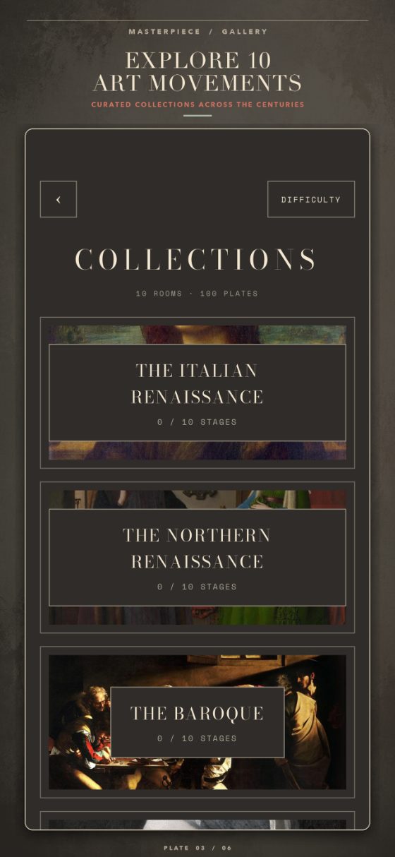Museo collections screen listing art movements, starting with the Renaissance