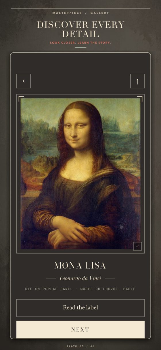 Museo artwork screen showing the Mona Lisa by Leonardo da Vinci with its label