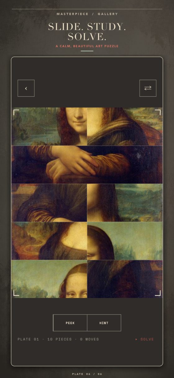 Museo jigsaw puzzle screen showing the Mona Lisa as a 10-piece puzzle