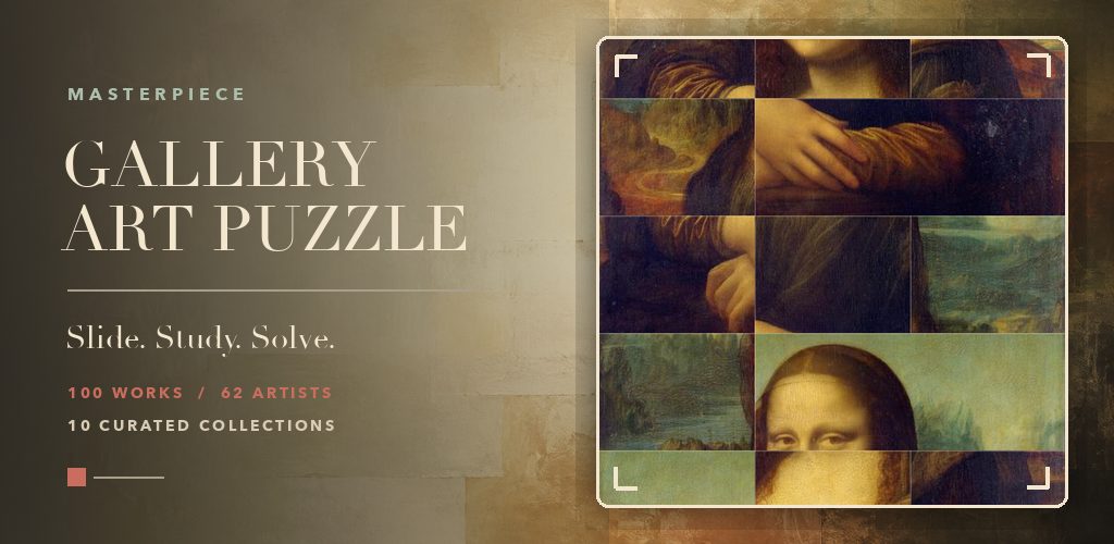 Museo: Masterpiece Jigsaw banner — Slide. Study. Solve. 100 works, 62 artists, 10 curated collections.